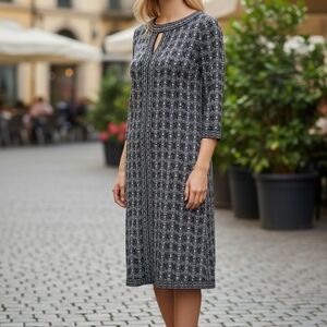 Patterned Black & Gray Midi Dress with Keyhole Detail